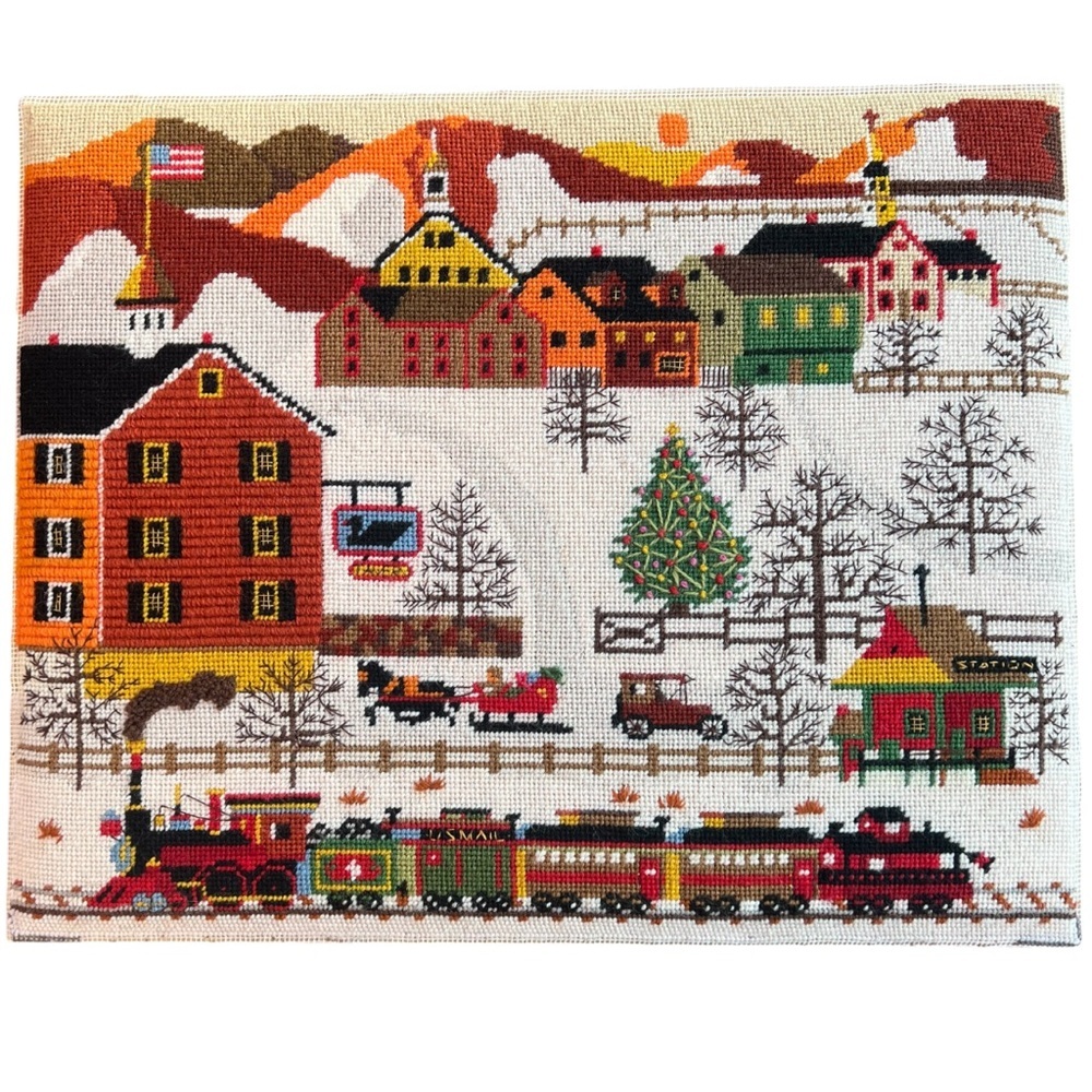 Vintage Completed Needlepoint Holiday Train Charles Wysocki Winter Scene Folk